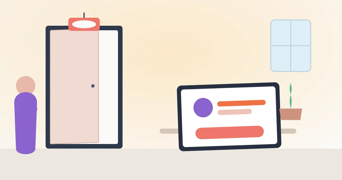 Illustration of a language tutor beside an open door with a blank shop sign and a laptop showing a profile page.