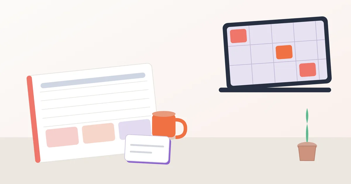 Illustration of a tutor's desk with a handwritten lesson plan, a mug of tea and an open laptop showing a week of classes.