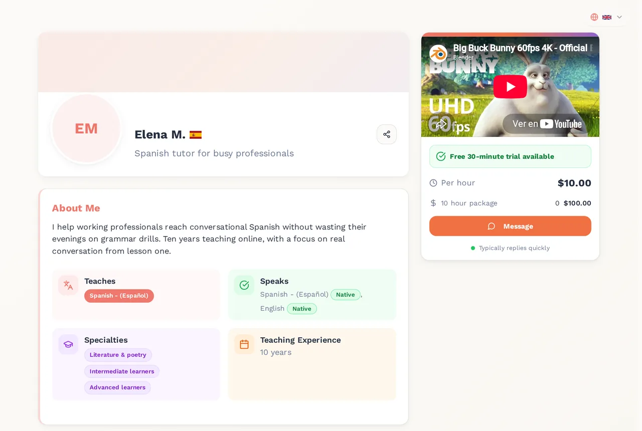 A public tutor profile on MyChamba, showing the tutor's initials in place of a photo, a headline, a short bio, cards for the languages they teach and speak, their price and a free trial badge.