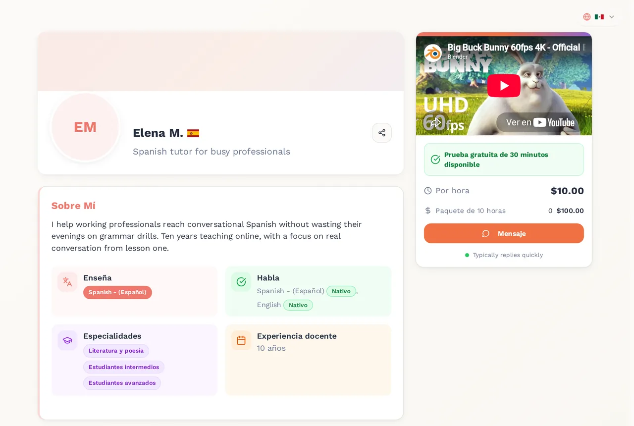 Un perfil público de tutor en MyChamba: las iniciales del tutor en lugar de la foto, un titular, una biografía corta, tarjetas con los idiomas que enseña y que habla, su precio y una insignia de clase de prueba gratis.