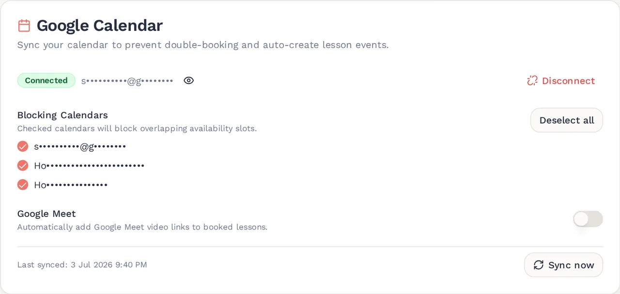 The Google Calendar card on the Availability page in MyChamba, showing a connected Google account, the list of blocking calendars with their tick boxes, the Google Meet switch and the time it last synced.